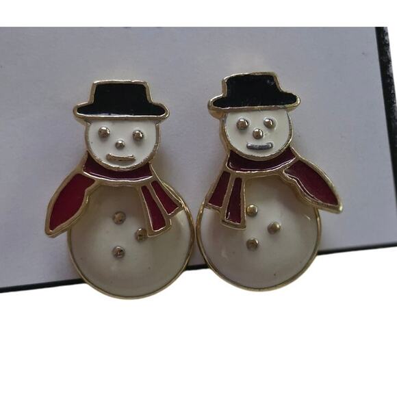 Vintage Avon 90s Christmas Snowman Earrings Dangly Pierced Winter Holiday Snow - Picture 1 of 3